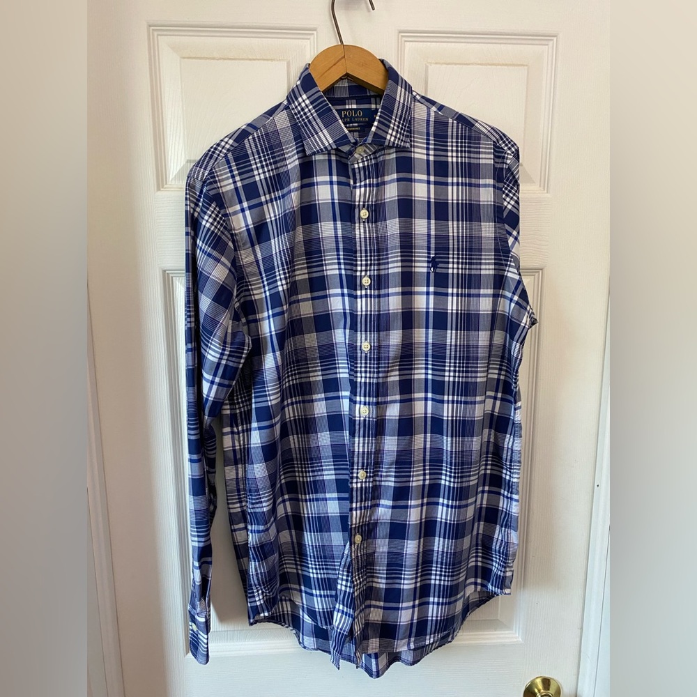 🏇 Ralph Lauren Men's Navy and White Plaid Shirt